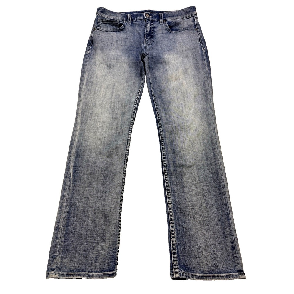 BKE‎ Jake Jeans Men 36x32 Blue Straight Whiskered Distress Thick Stitch Denim